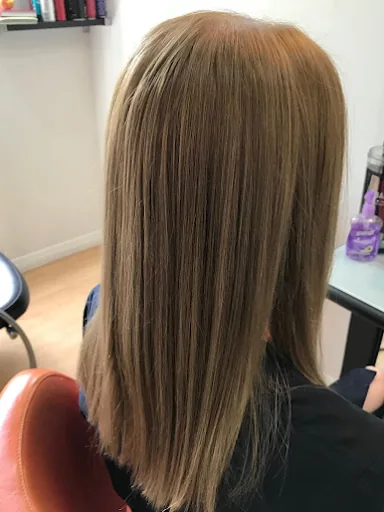 Long light brown hair, straight and shiny after colour and blow dry